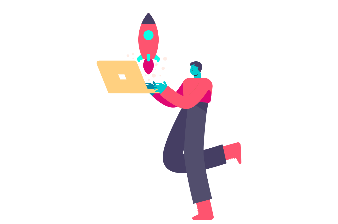 An illustration of a person holding a laptop with a rocket coming out of it