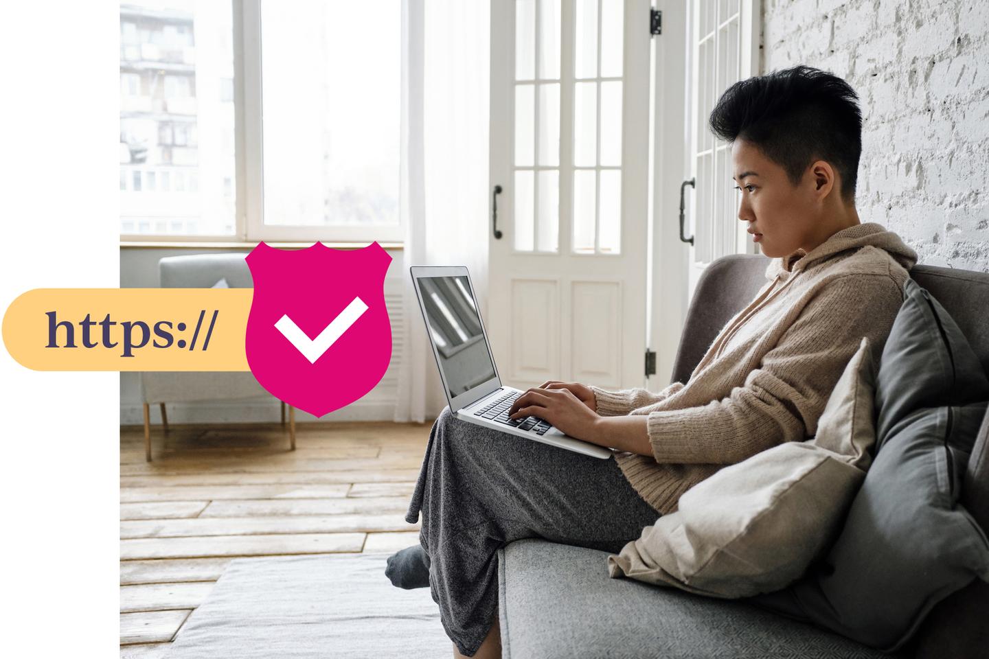 Woman holding phone ensuring her site is secure.