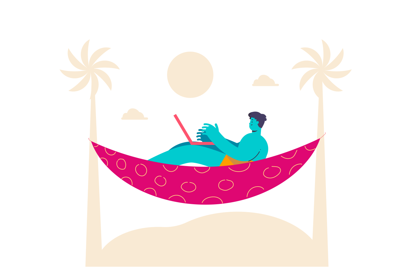 An illustration of a person in a hammock typing on laptop